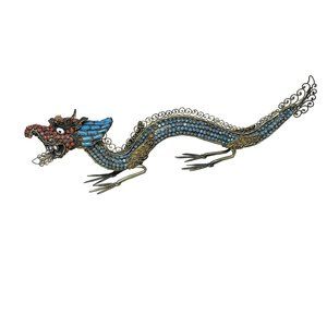 Vintage Asian Filigree Metal Winged Dragon Sculpture Gemstone Inlaid
